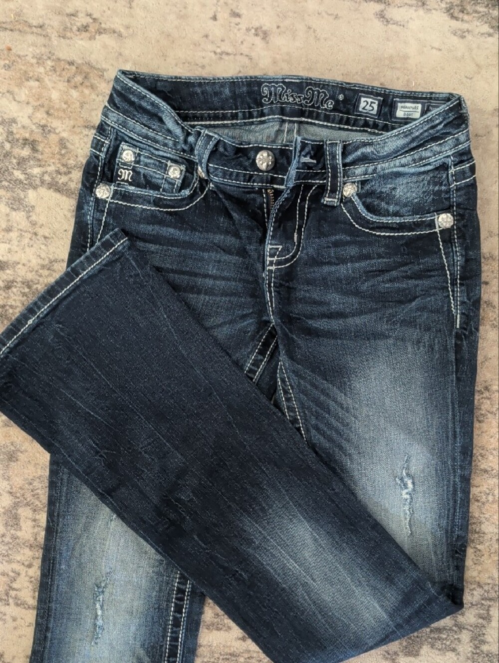 Miss Me Dark Wash Flare Jeans with Distressed Accents - Picture 4 of 7